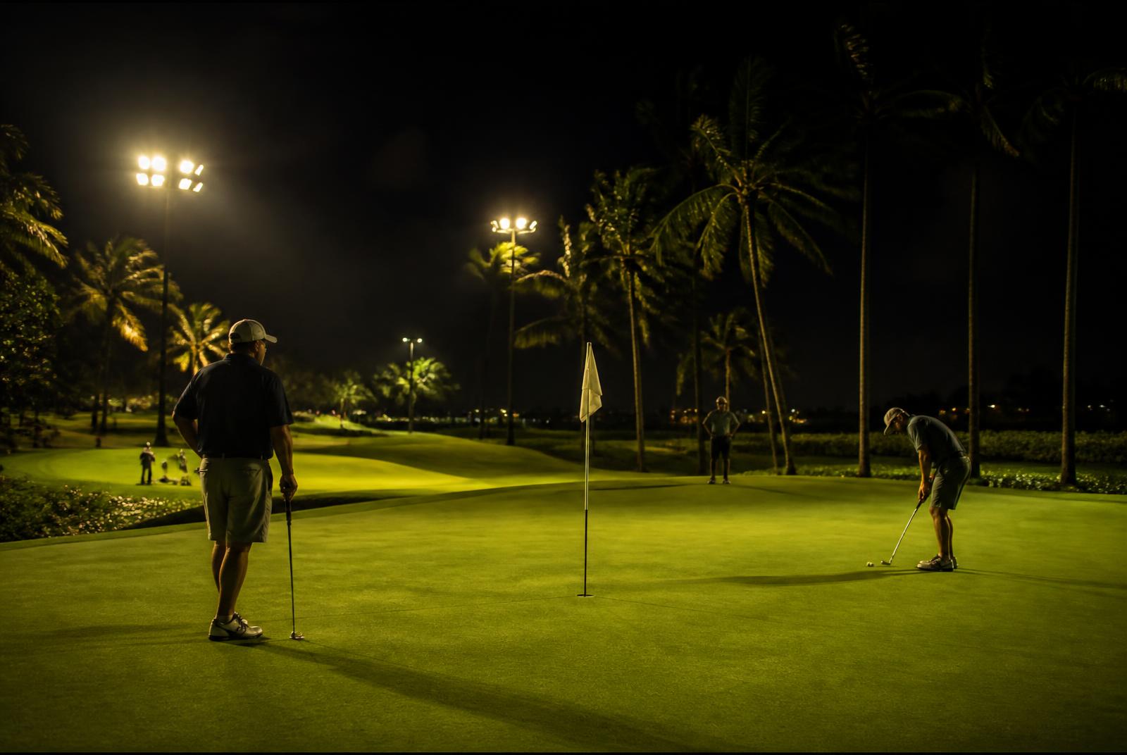 Jugadores en el green bajo las luces durante la ronda nocturna